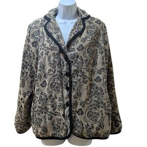 Brooke Coleman Women 14W Tapestry Blazer Floral Damask Button Front Jacket Tan